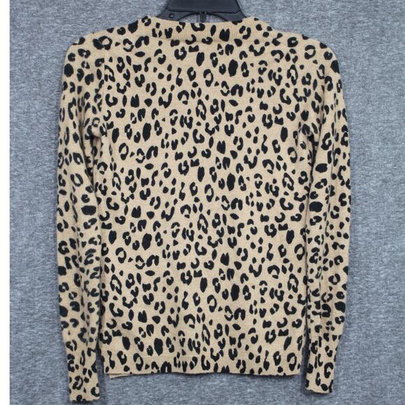 J Crew Sweater Womens XXS Tan Black Leopard 100% Cashmere Crew Neck Side Slit - Picture 2 of 5
